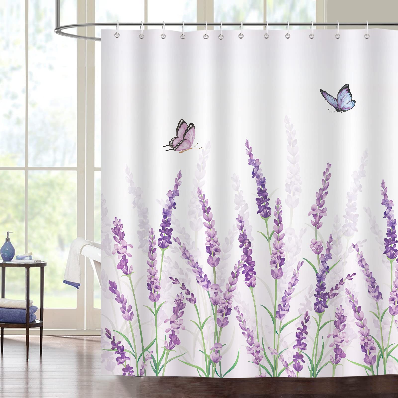 Rideau De Douche Anti-moisissure 90x180cm - Tissu Polyester Lavable - Motif Lavande Tropical - Avec 6 Crochets