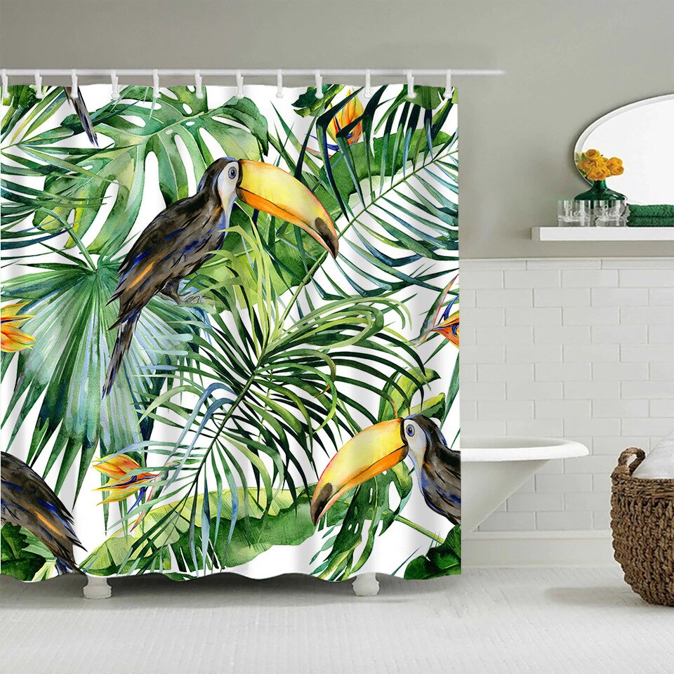 Rideau De Douche Tropical Toucan Et Feuilles - Imperméable Anti Moisissure 180x180 Cm Avec 12 Crochets