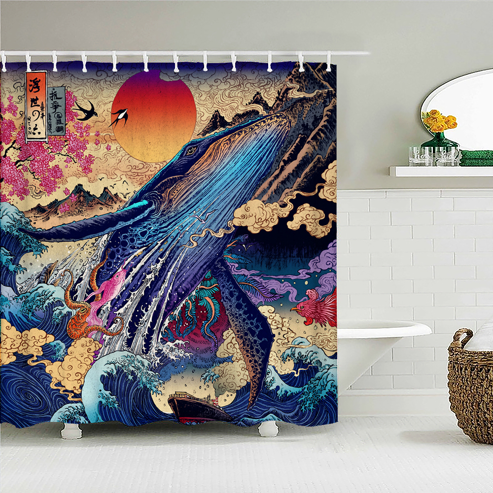 Rideau De Douche Motif Dragon Mignon Cyan - Polyester épais 152x183 Cm, Lavable Machine, 12 Crochets Inclus